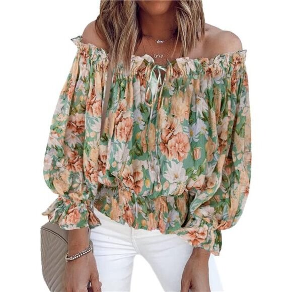 Green Floral Printed Off Shoulder Ruffle Babydoll Top Bishop Sleeve Blouse Top - Picture 5 of 6